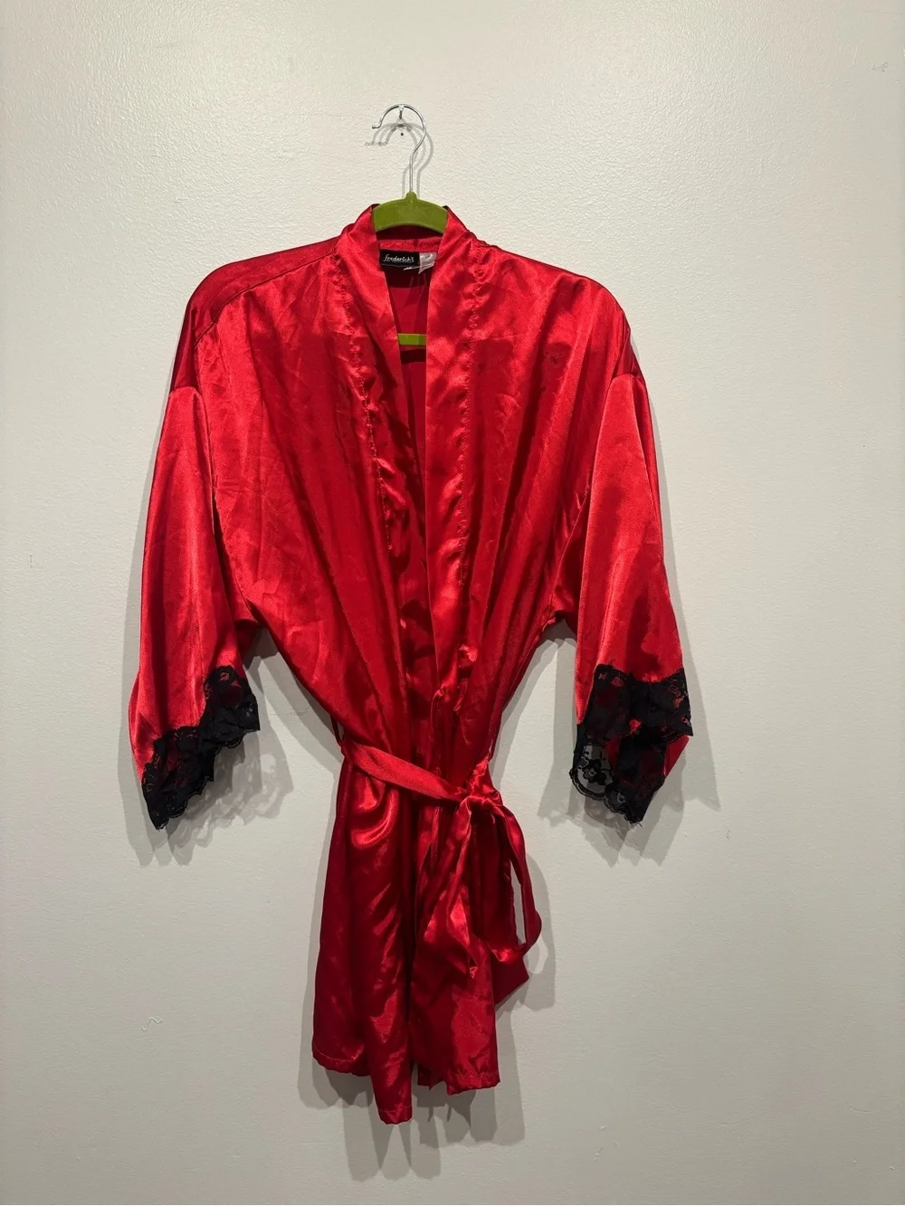 Frederick's of Hollywood Red Satin Robe with Black Lace Cuffs